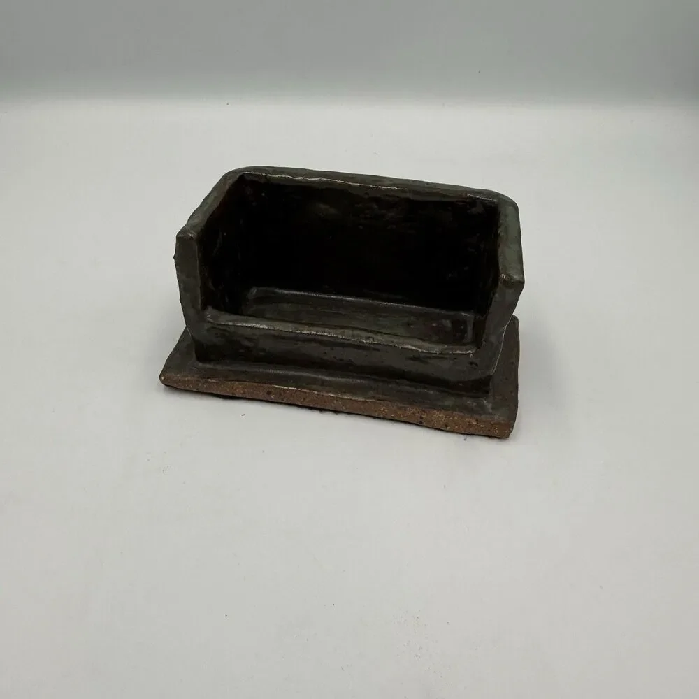 Handmade Studio Pottery Ceramic Business Card Holder Desk Organizer Green Glaze